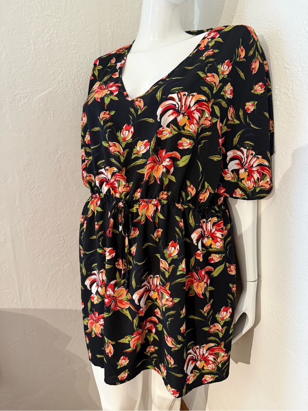 Floral V-Neck Black Dress with Red, green & pink Blooms